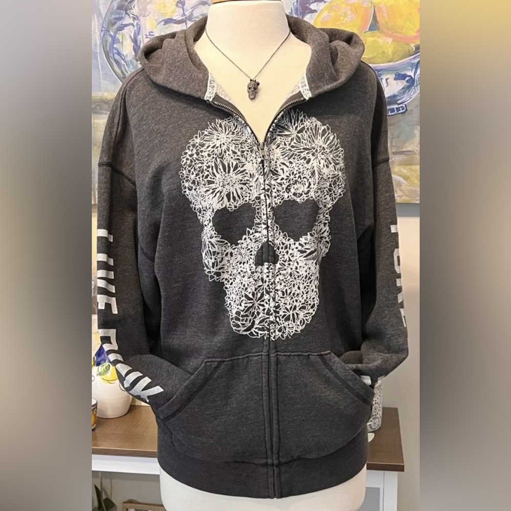 PINK Victoria Secret light zip up skull hoodie